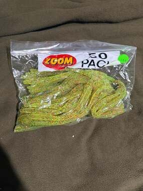 Zoom Bait 50 Pack Soft Plastic Fishing Worms Chartreuse Red Flake